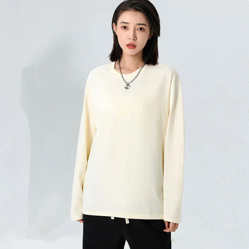 100% Cotton Long sleeve T-Shirt Women 2023 Autumn Oversize Tee Shirt Casual Basic Loose Tshirt Chic O Neck Female Tops