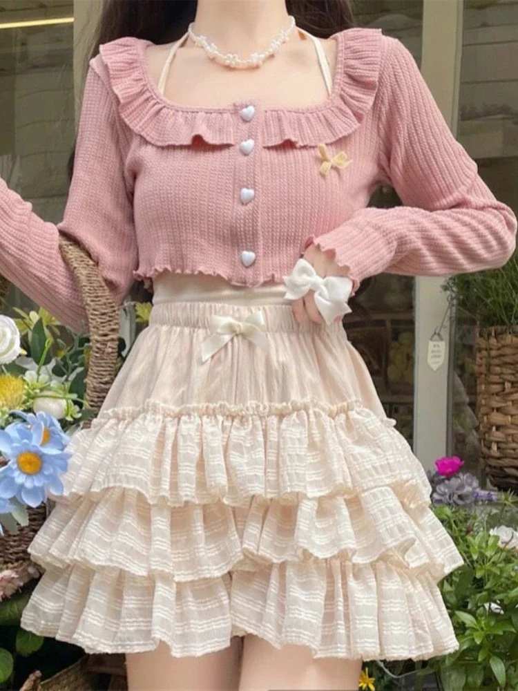 Pink Japanese Kawaii Two Piece Set Women Sweet Party Bow Cute Skirt Suit Female Elegant Long Sleeve Cardigan＋Mini Cake Skirt New