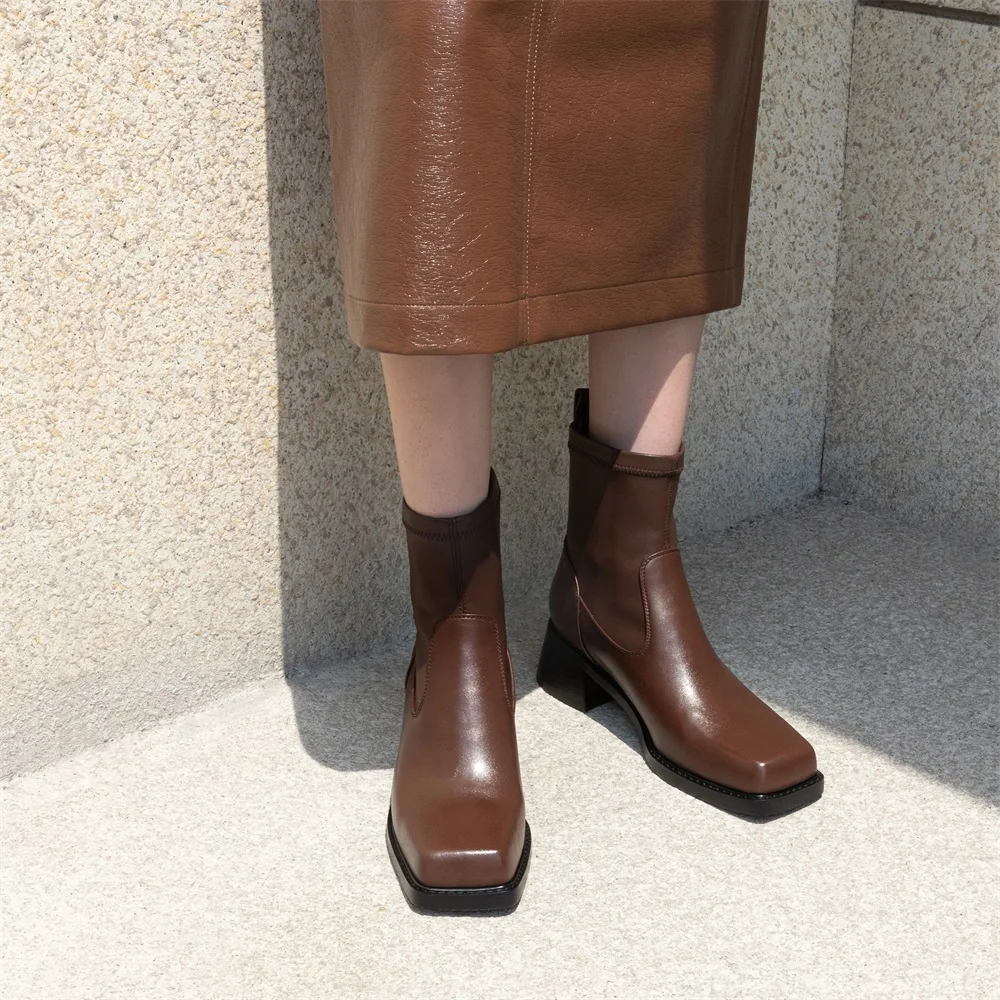 Taoffen Fashion Square Toe Women Ankle Boots Slip On Block Heel Short Boots Female Solid Color Office Dress Boots 2024 New Trend