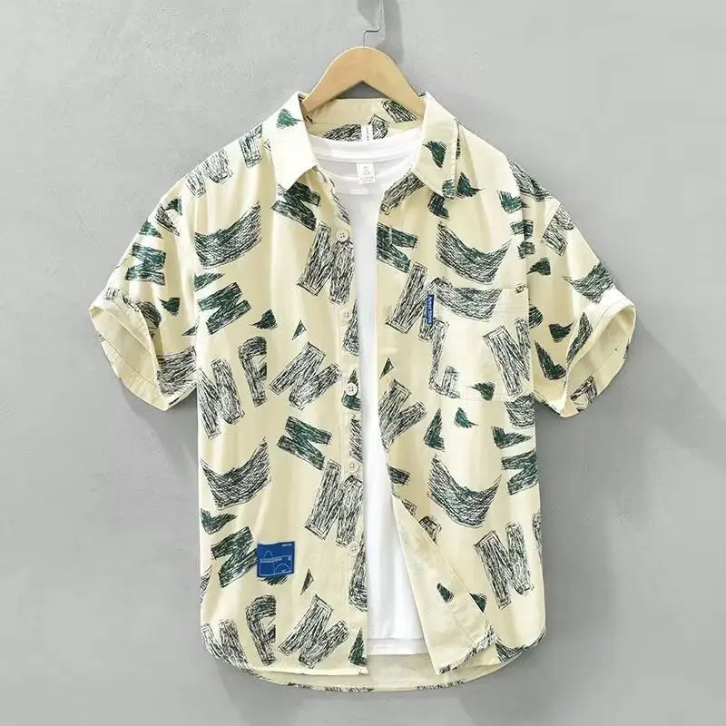 

Summer New Sle Casual Loose Men's ort Sve irt Letter Print Collar Trendy Polyester Fiber Warmth Youth Faion