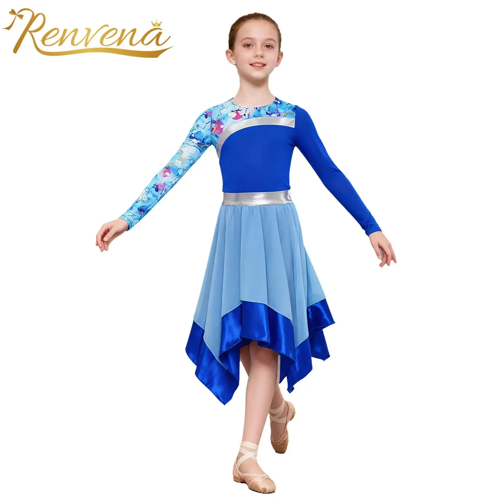 Vestido de Danza de Alabanza para Niñas, Manga Larga, Estampado de Camuflaje, Diseño Color Block Irregular, Vestido Litúrgico