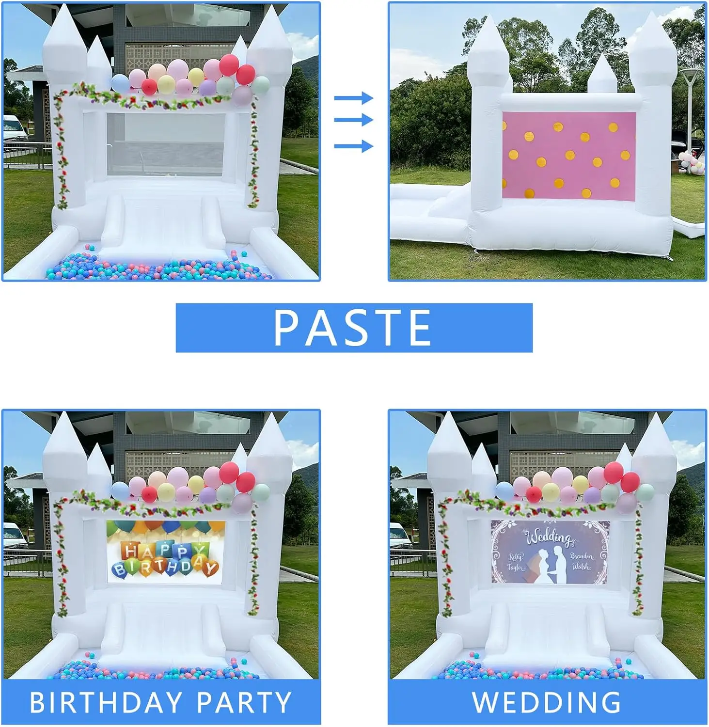 Casa de rebote blanca inflable, castillo inflable Oxford para saltar, bouncer para fiesta de boda con bolsa de transporte, kit de reparación para juguetes para niños
