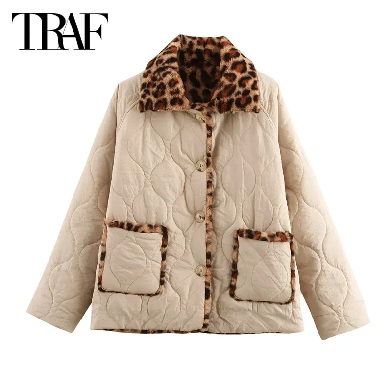 TRAF Women's Leopard Quilted Parkas 2024 Warm Winter Large Size Jacket Elegant Casual Long Sleeve Fleece Coat New In Outerwears