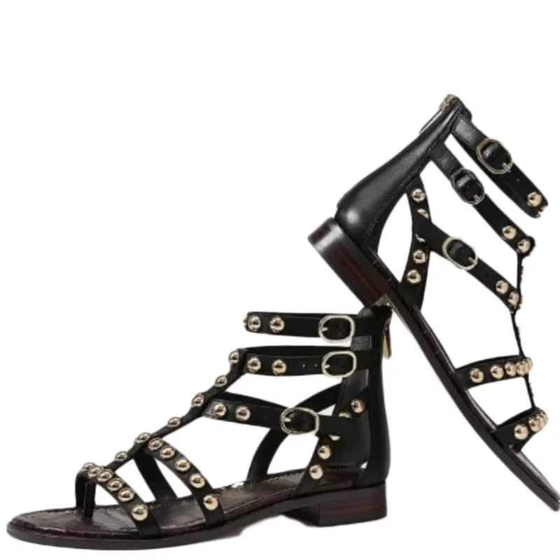 DIZHUANG Fashionable women's flat heeled sandals Black sandals Rivet sandals Summer women's shoes Fashion show performance shoes