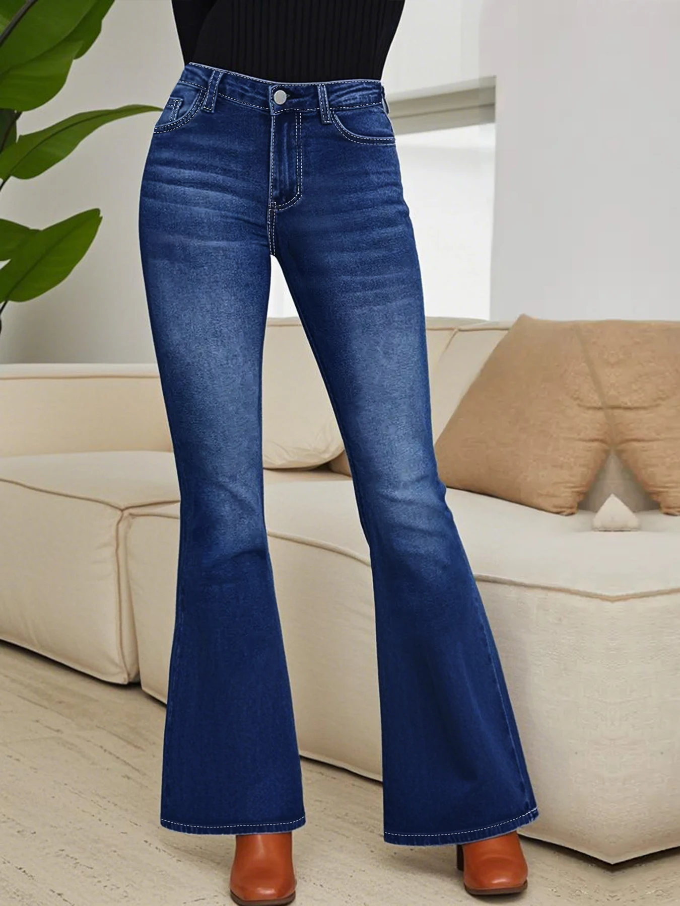 Women's plus-size high-waisted jeans, dark blue high-waisted slightly flared jeans with back pocket embroidery, suitable for cam - view 3