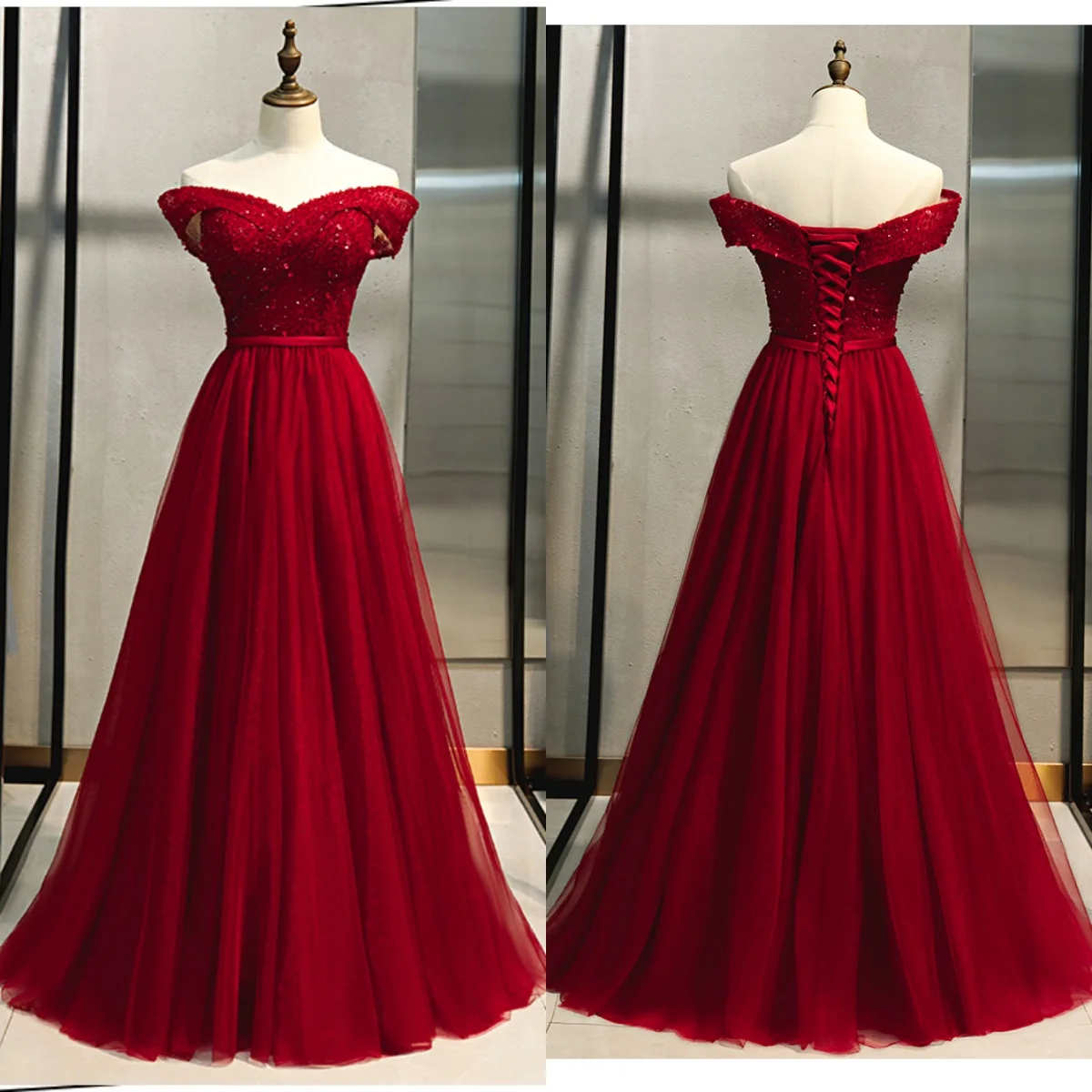 

Evening Dress Burgundy Tulle Crystal Beading Off Shoulder Pleat A-Line Floor-length Lace Up Plus size Women Party Formal Gown