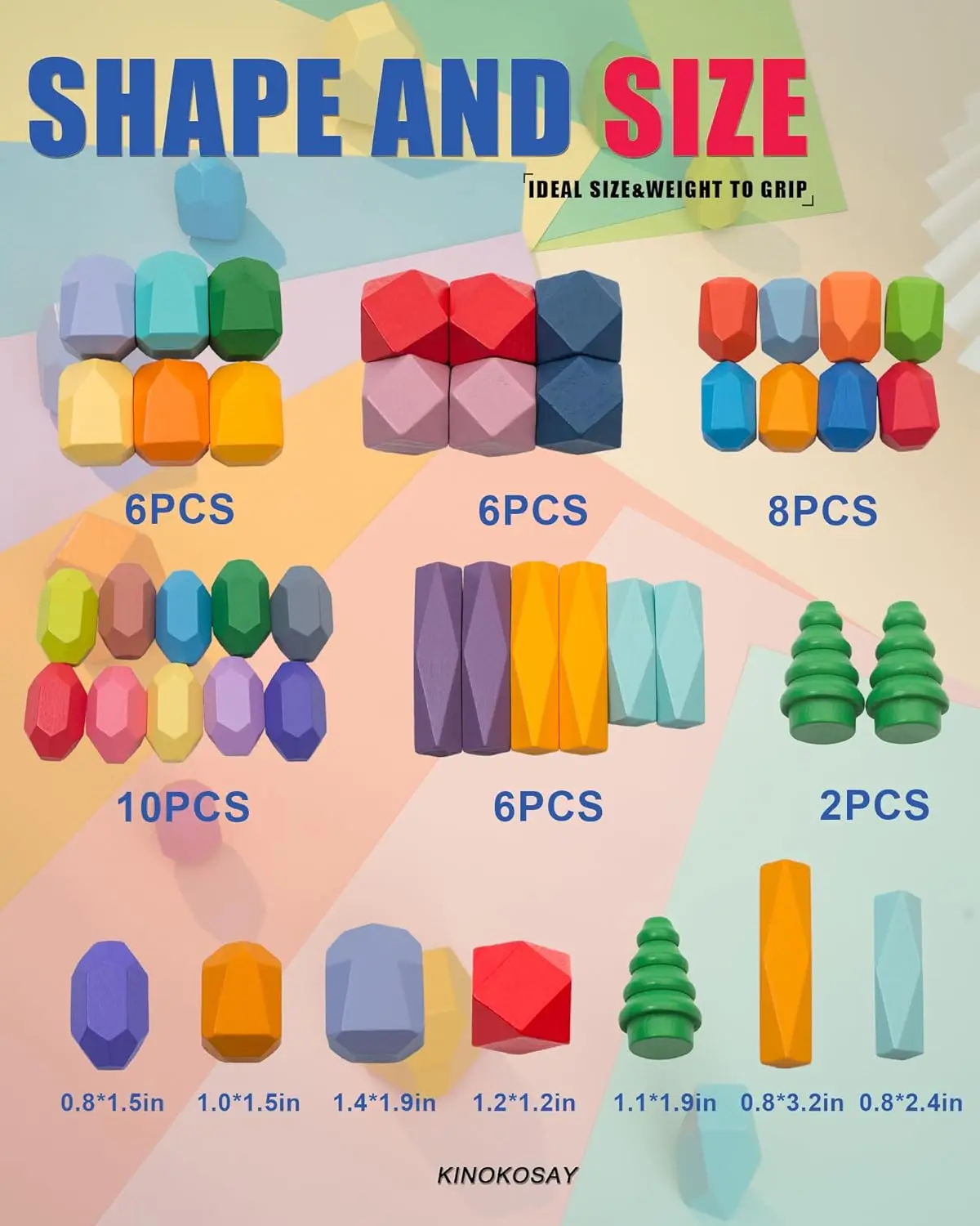 38 PCS Wooden Sorting Stacking Stones Rock Colorful Montessori Balancing Blocks Educational Learning Sensory STEM Toy for Kids 3