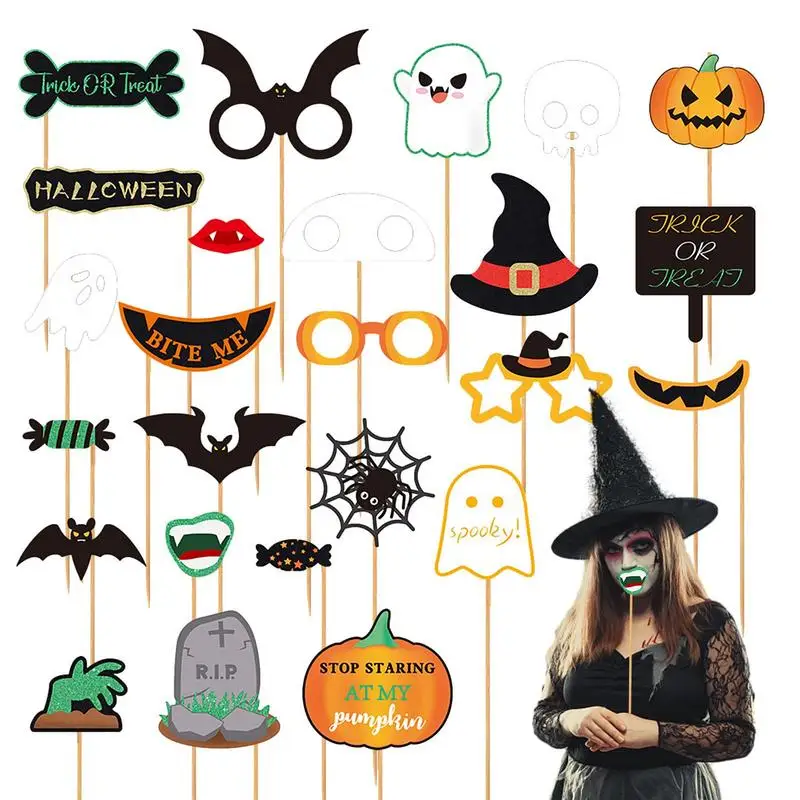 Horror Selfie Requisiten 25x Halloween Selfie Dress-Up Requisiten mit Holzstäbchen beängstigend einzigartige Fotografie Selfie Dress-Up Requisiten Selfie