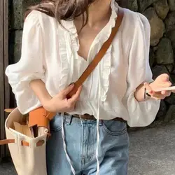 Preppy Style V-neck Lacing Summer Patchwork Ruffles Puff Sleeve Loose Solid Color Long Sleeved Women All-match Affordable Shirt