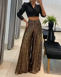 2024 Elegant Shinny Sequin Long Pants Women Fashion High Waist Draped Loose Trousers Spring Autumn Casual Wide Legger Solid Pant