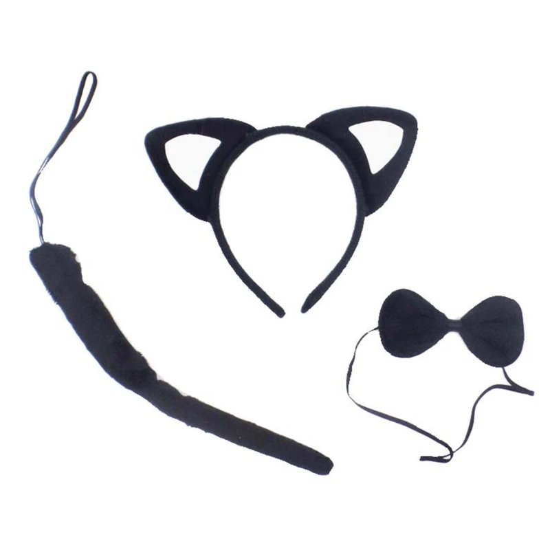 N80c crianças 3 peças conjunto fantasia cosplay animal para orelhas gato faixa cabeça pelúcia cauda longa