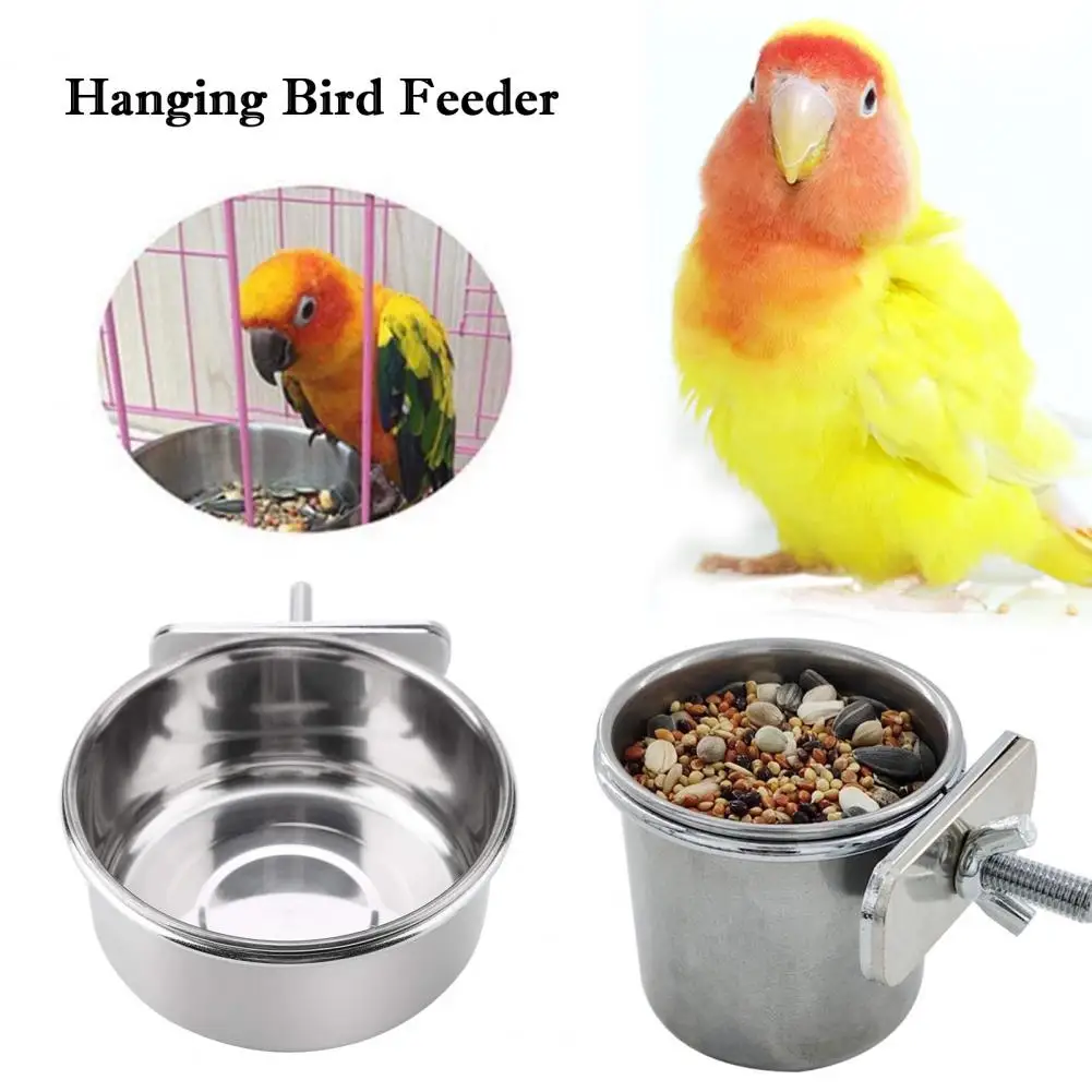 Anti-turnover Parrot Water Cup Stainless Steel Hanging Parrot Feeding Cup with Clips for Birds for Parakeets for Birds