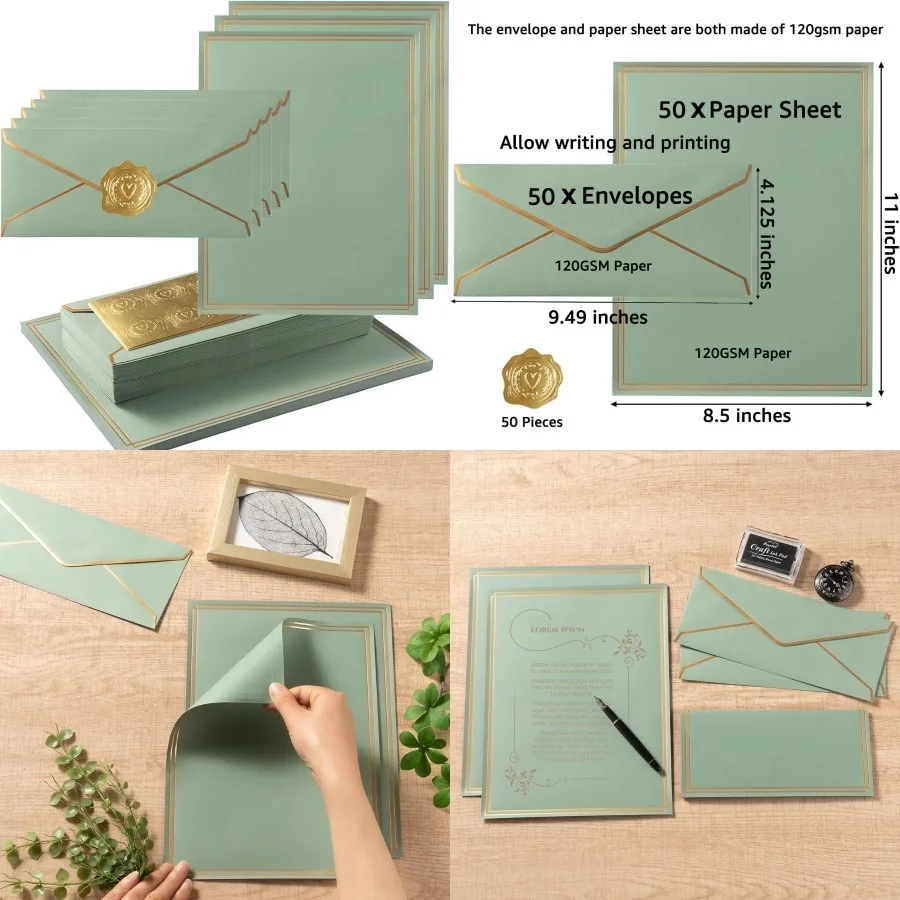 

50 Pack Stationery Set with Gold Border for Professional Correspondence: Includes 10 Business Envelopes and 8.5x11 Paper Sheets