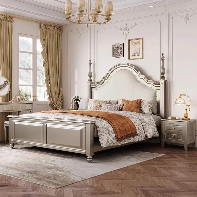 

French bed 2m x 2m 2 double beds light luxury master bedroom Meike silver premium leather American solid wood bed