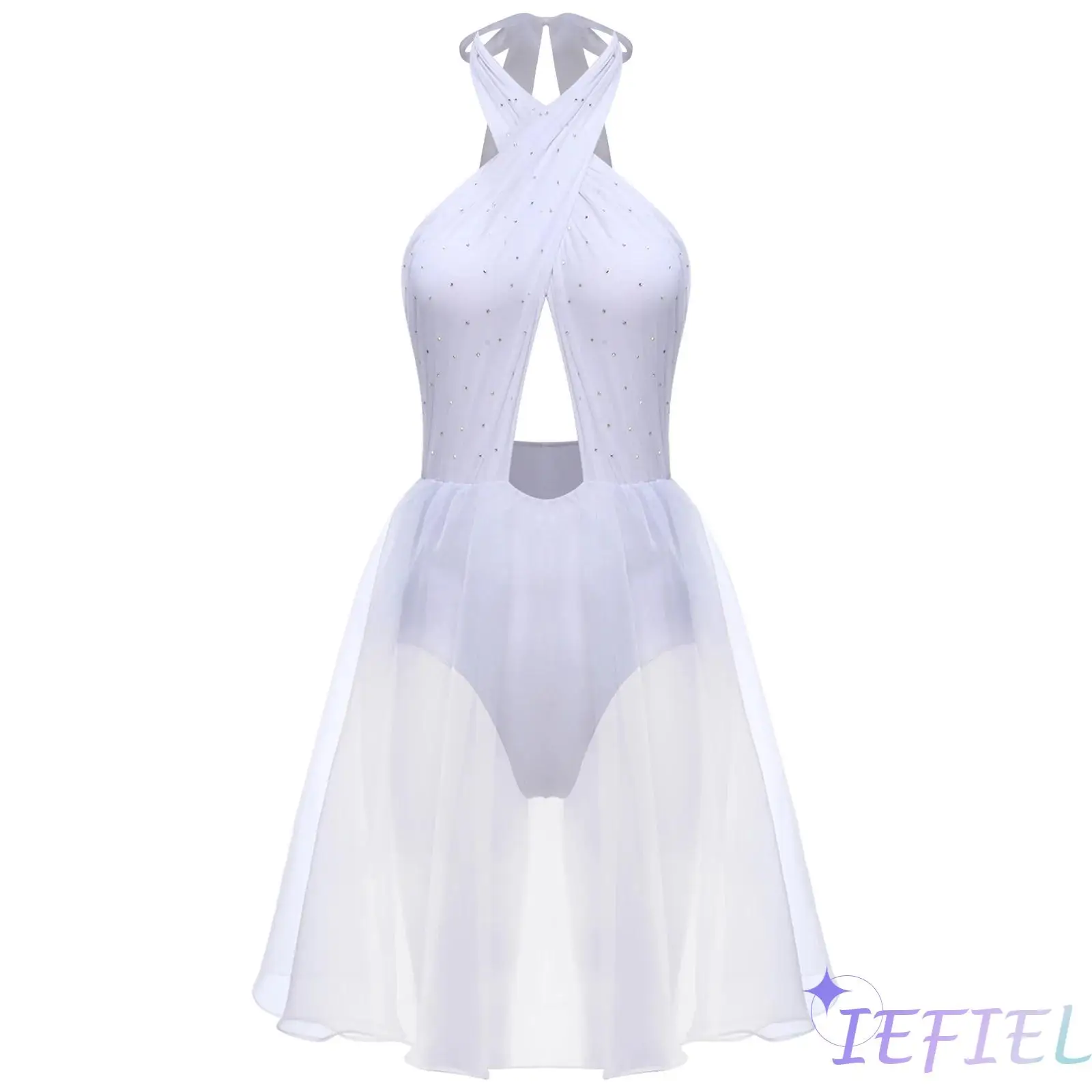 

Womens Halloween Stunner Fairy Tale Princess Beauty Cosplay Dress Halter Backless Tulle Hem Built-in Briefs Leotard Dress