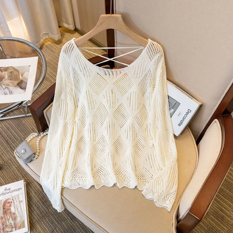 Haut tricoté ajouré pour femmes, grande taille, début d'automne, gros MM, Design coréen, Sensation amincissante, Long, Sve irt