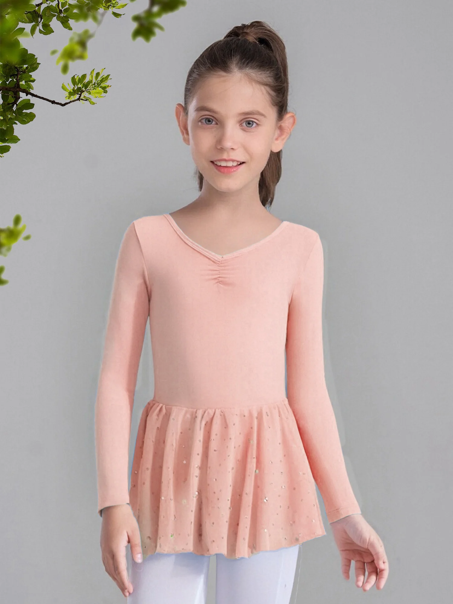 Crianças meninas vestidos de dança de balé frente ruched manga longa volta bowknot lantejoulas vestido para ginástica aquecimento prática desempenho
