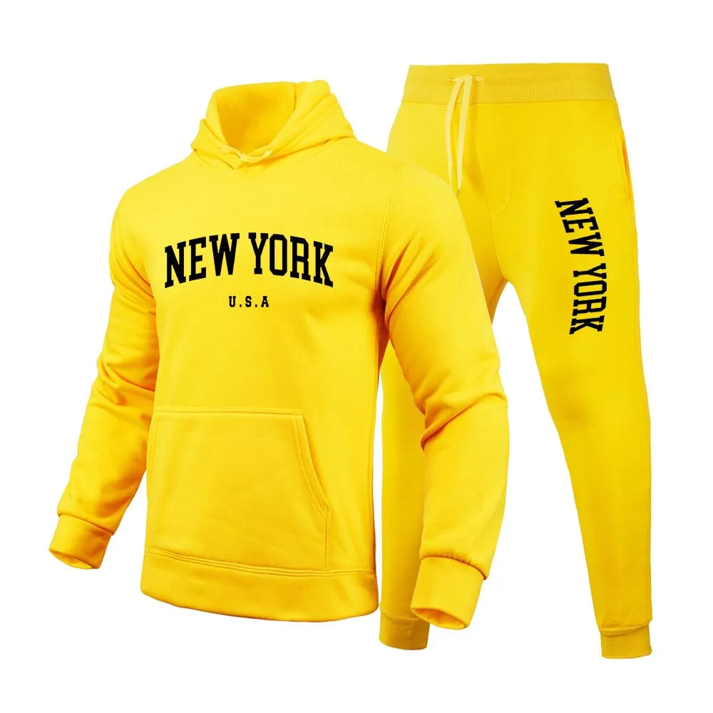 York U.S.A City Men\'s/Women Letter Pattern Printed Hoodie Set Pure Cotton Comfortable Loose Casual Pocket Hoodie+Sweatpants Set