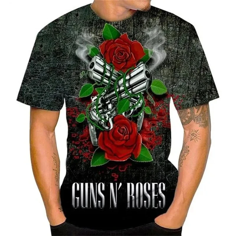 

Vintage Guns And Roses 3D Printing Men T-shirt Summer Casual Short Sleeve Top Rock Band Oversized Hip-hop O-Neck Unisex Clothing
