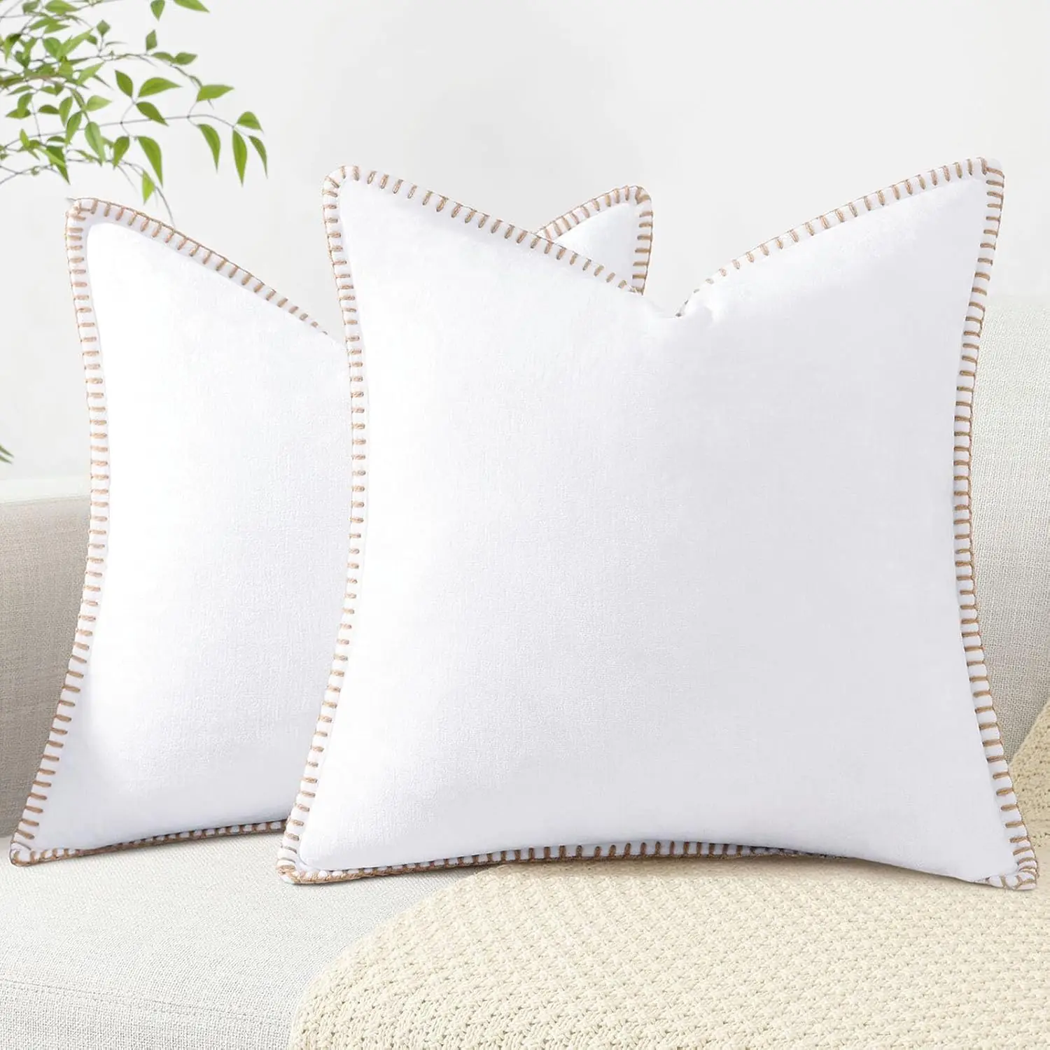 

Chenille Soft Spring Throw Pillow Covers 20X20 Set Of 2, Farmhouse Velvet Decorative Pillow Covers With Stitched Edge For Couch