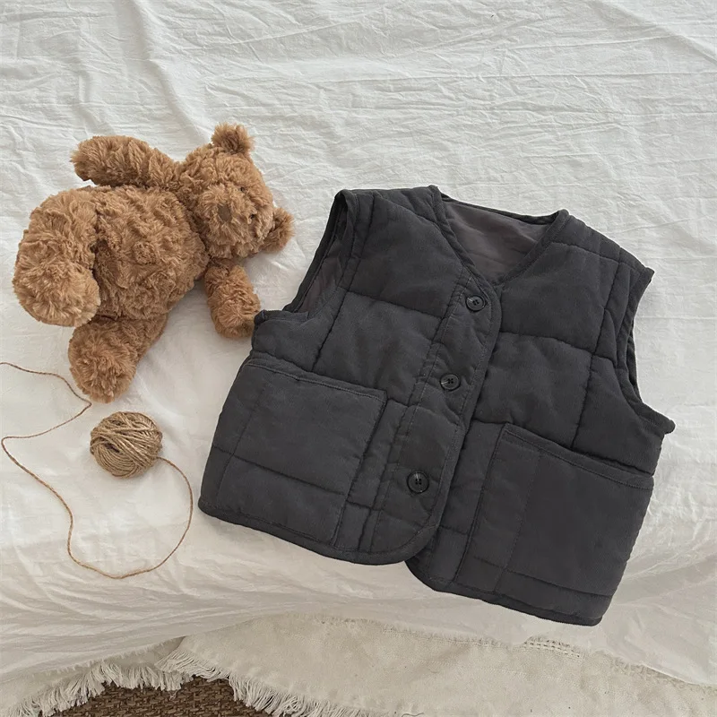 Children Clothes 2026 Autumn and Winter New Quilted Cute Boy's Vest Cotton Solid Color Retro Coat Girl's Waistcoat