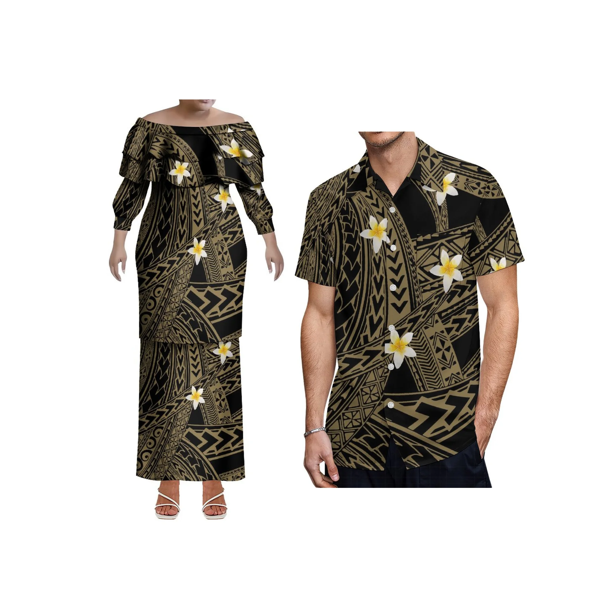 Melhor preço Atacado personalizado tonga puletasi vestido feminino manga longa um ombro dupla camada babado tamanho grande vestido 2 peça conjunto