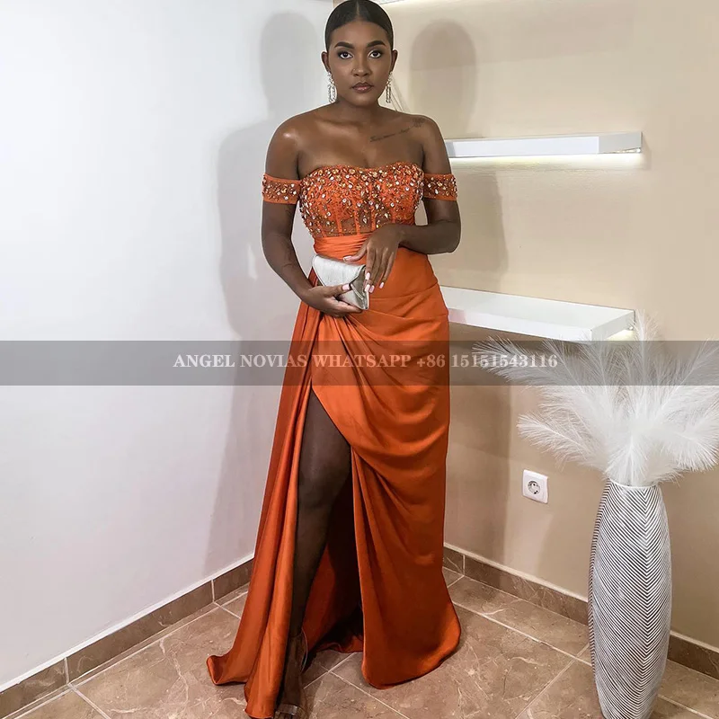 

Customized Orange Bridesmaid Dresses for Women Crystals Corset Satin Mermaid Long Wedding Party Gowns vestido de fiesta de boda