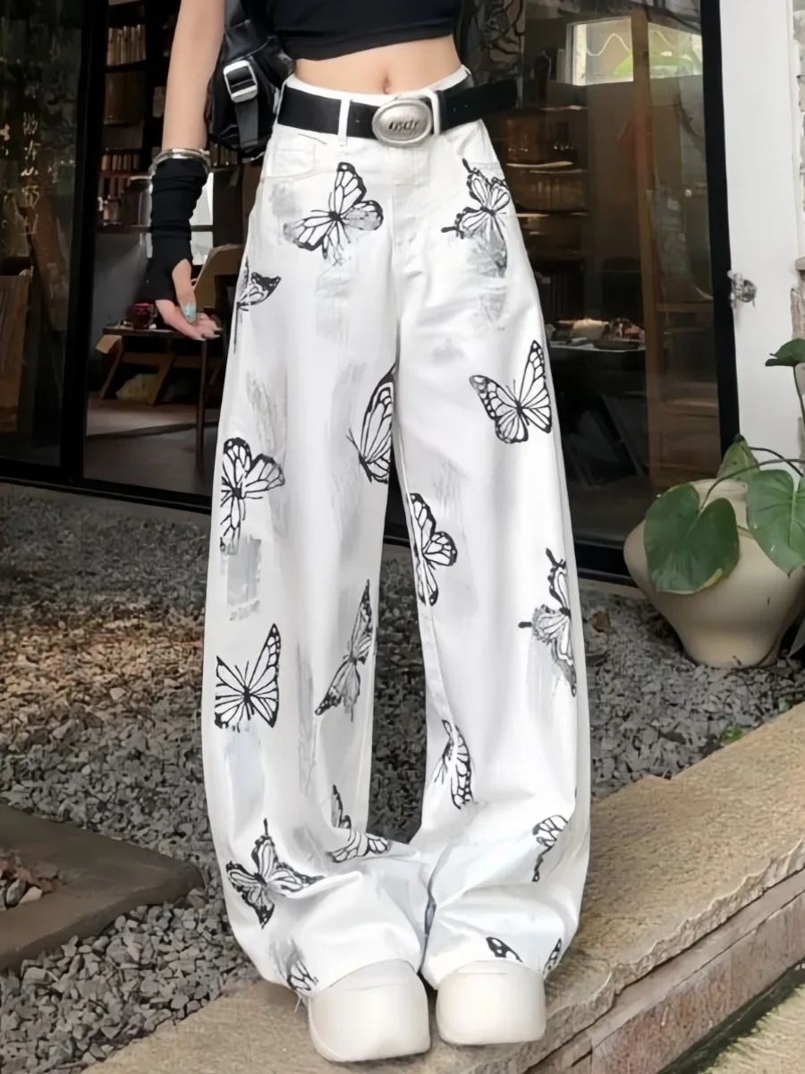 

White Womens Jeans High Waist Vintage Straight Y2K Autumn Denim Pants Butterfly Streetwear American Wide Leg Baggy Denim Trouser