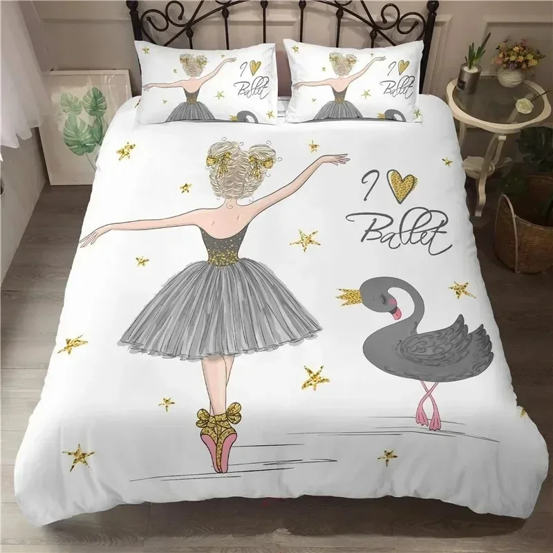 Ballet Dancing Girl Duvet Cover Set Cartoon Ballerinas Girl Bedding Set For Kids Teens Microfiber Double Queen King Quilt Cover