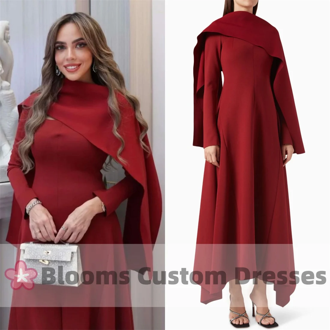 Blooms Burgundy Long Sleeves Customized Evening Dresses 2024 Elegant A-line With Cape Formal Occasion Party Dress For Prom