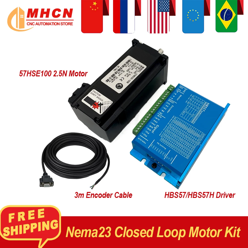 Nema23 Close Loop Stepper Motor Kit 2.5N 3A 57HSE100 Motor+ HBS57H /HBS57 Servo Driver 24-80v + 3 Meters Encoder Cable for CNC