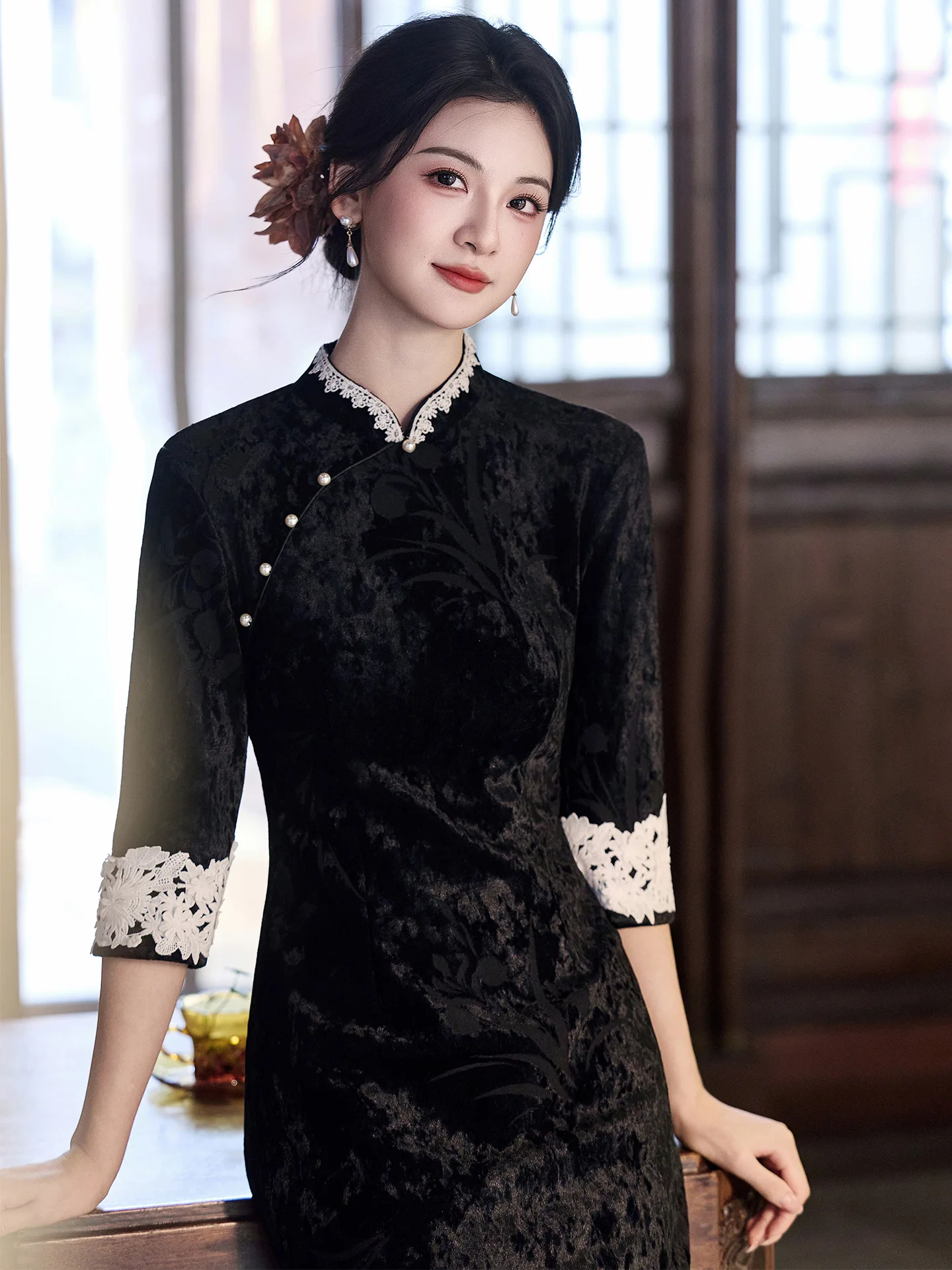 Elegant and Slimming Three-quarter Sleeve Cheongsam Velour Chinese Style Retro Daily Female Qipao Dress