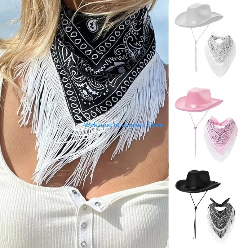 X4YC Cowboy Costume Set Western Wide Brims Fedoras Hat Fringed Scarf Bandanas Adult NightClub Party Roleplay Headwear 2PCS