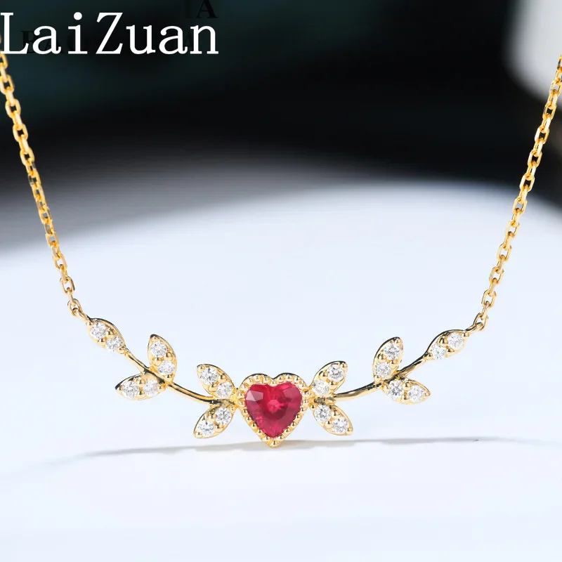 LaiZuan Solid 18k AU750 Yellow Gold Heart Shape Genuine Ruby Diamonds Necklace For Women Diamonds Fine Jewelry Collarbone Chain