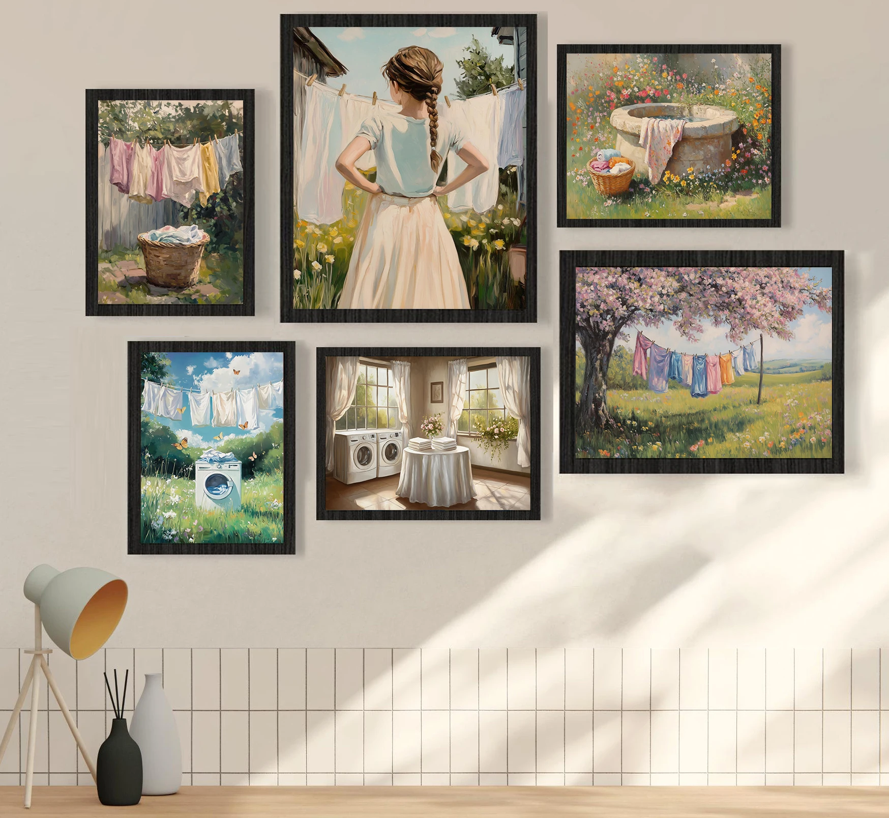 Classic Oil Painting Laundry Room with Clothes Hanging Poster Canvas Art Painting Printing Home Room Wall Pictures Decor Gift