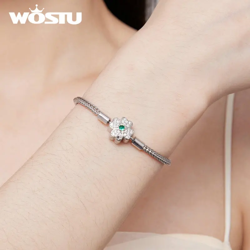 WOSTU 925 Sterling Silver Basic Bracelets Four-Leaf Clover Style Green Zircon Link Snake Chain DIY Bangles Suit to Charm Beads