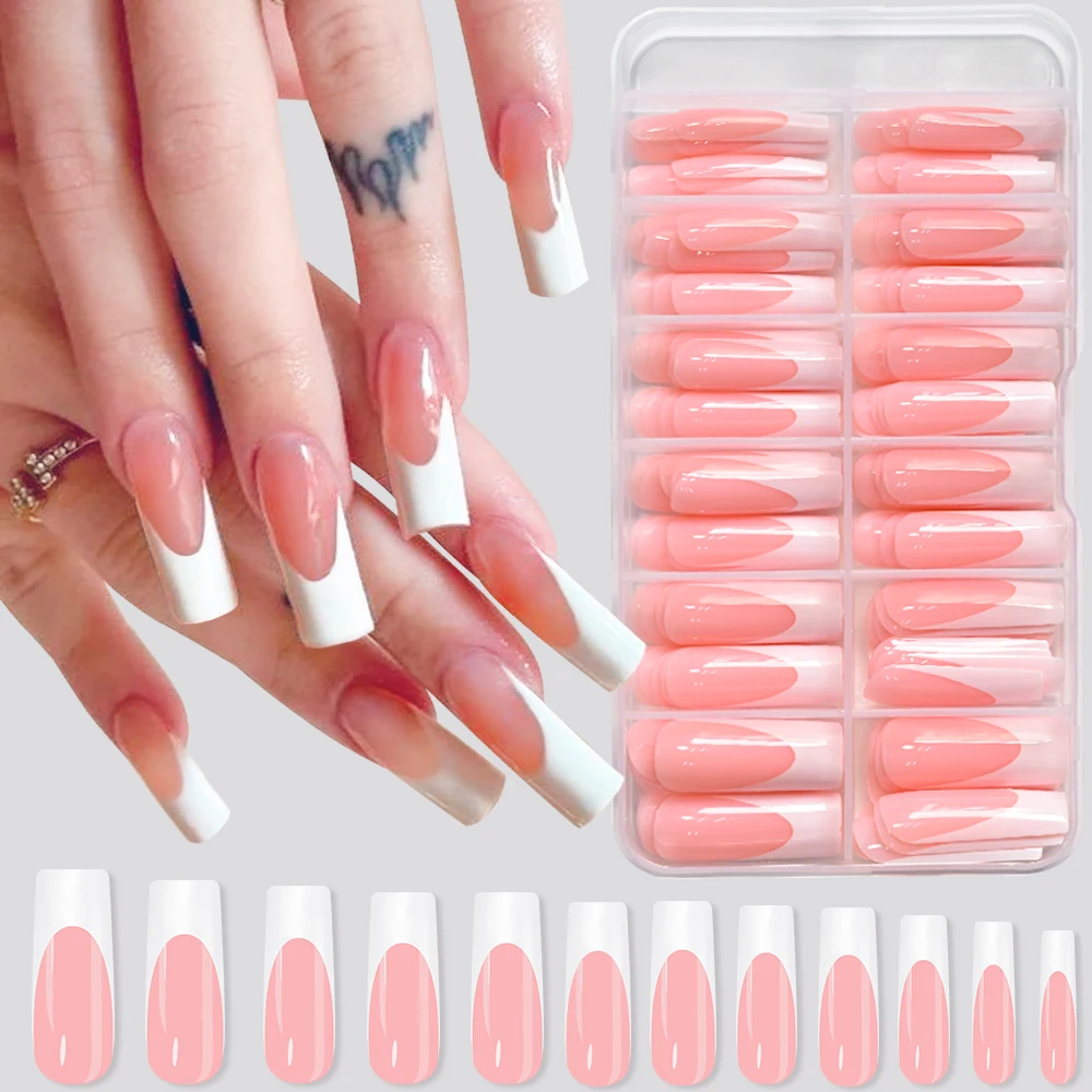 120Pcs Glossy Pink French Press On Nails 12-Sizes Long Square Fake Nails White Edge Design Full Cover False French Nails Tips T