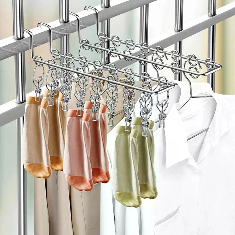 

10/16 Clips Sock Drying Rack Wall-Mounted Stainless Steel Underwear Drying Rack Durable With Detachable Clips Space Saving