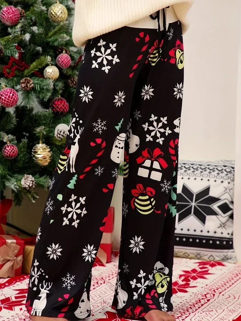Plus Size 1XL-5XL Women's Fashion Christmas Print  Pants Ladies  Casual Patchwork Lace UpWide Leg Pants Loose Pants