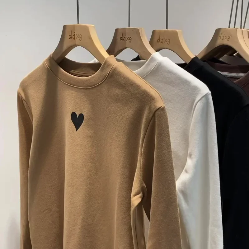 Brushed Double-sided German Velvet Warm Base Layer Autumn Winter New Korean Loose Printed Round Neck T-shirt Top for Women