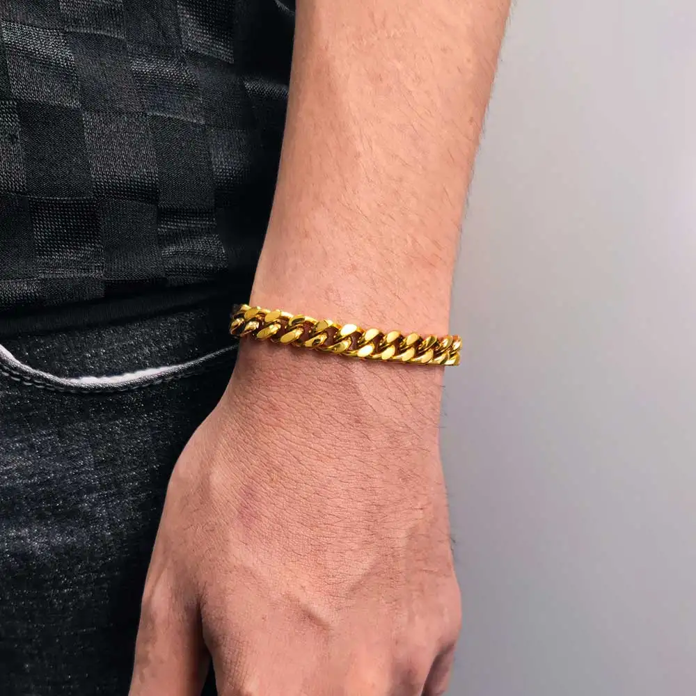 NY Stock 8/10/12/14/16mm Gold Plated Stainless Steel Cuban Bracelet Men's Hip Hop Style Bracelet Multiple Wholesale Options