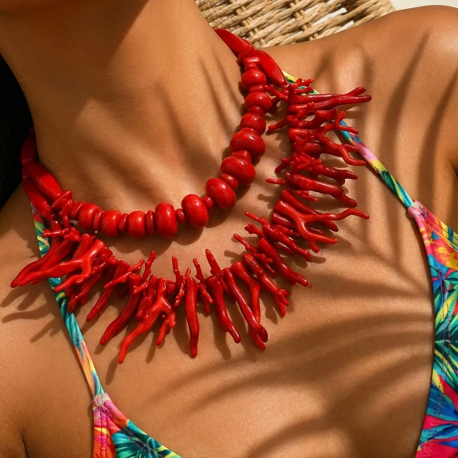 Bohemian style red coral branches multi-layer necklace ring beach vacation jewelry