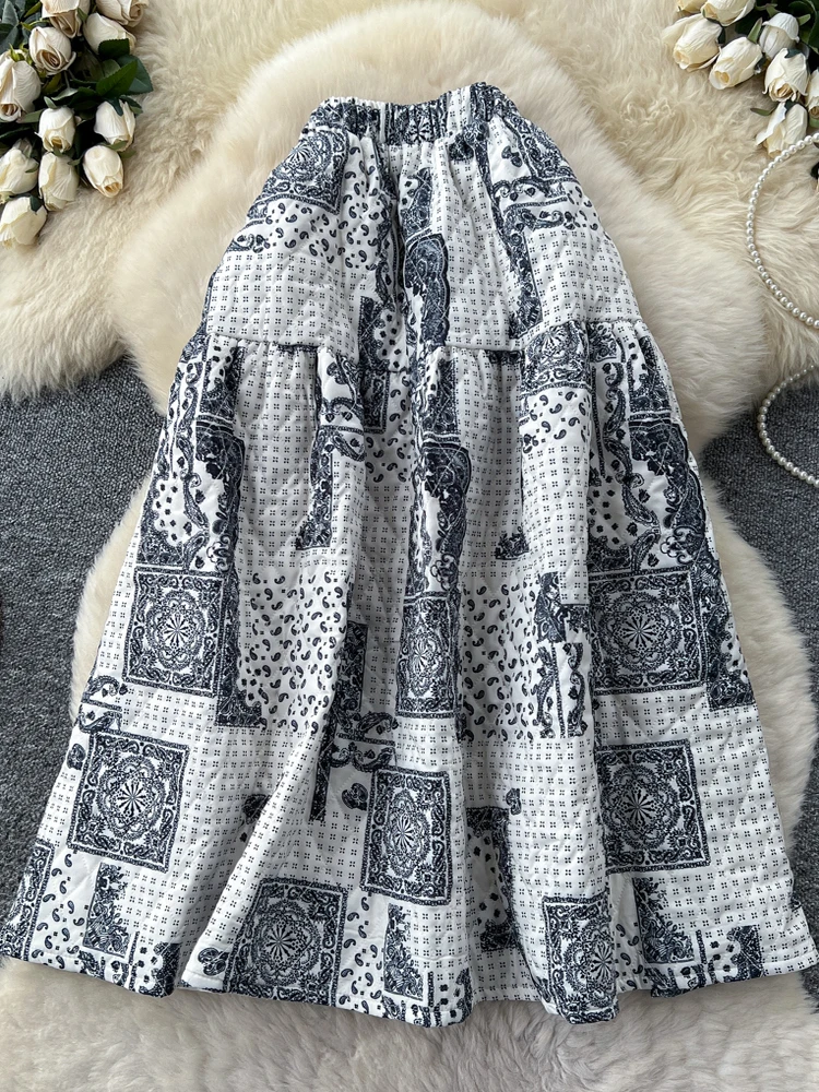 Ele Cotton Insert Diamond Print f Gonna Gonna a trapezio gonfia da donna Vita alta Dimagrante Autunno Inverno Faion Ci Pendolarismo