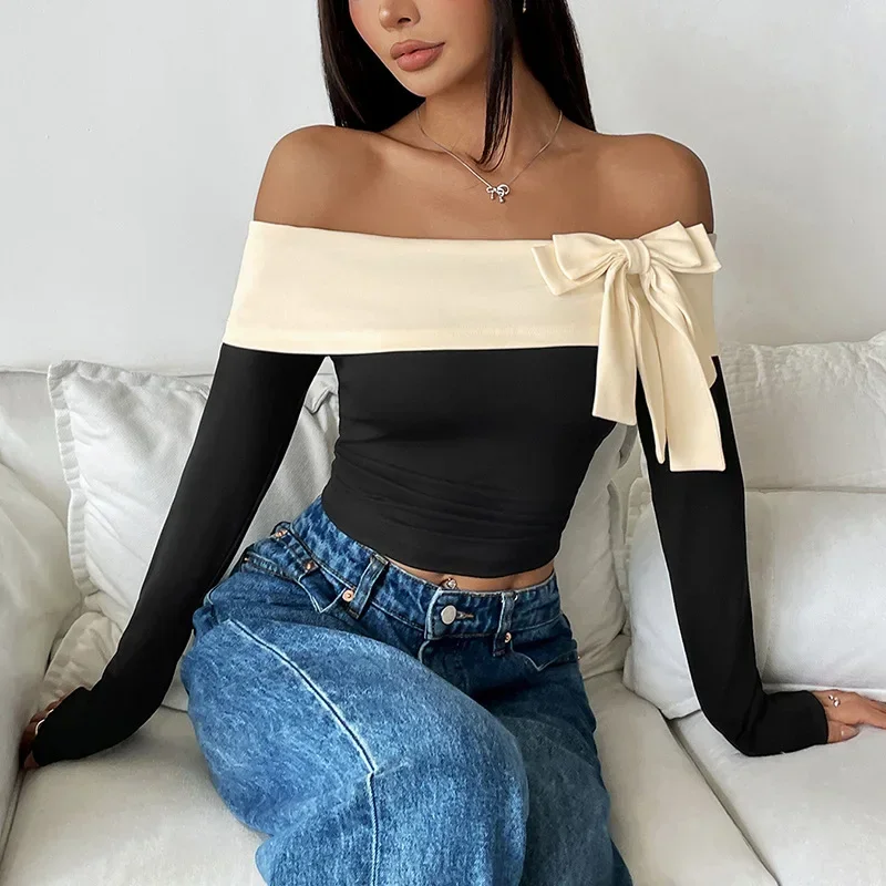 Fashion Shoulder Long Sleeve Cropped Top Bow Print T-Shirt Relaxed Fit Casual Daily Office Work Minimalist Chic Ladies Blouse
