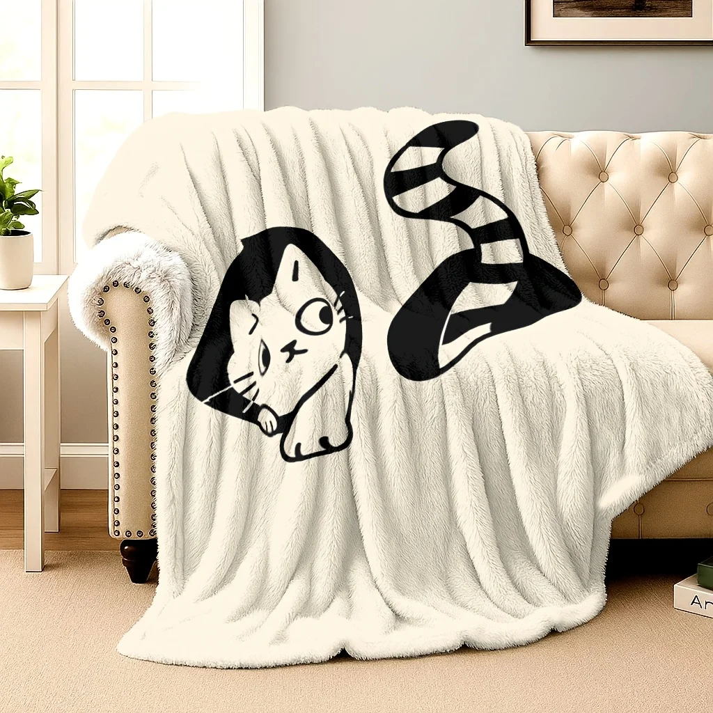 1pc Flannel Blanket, Simple Line Drawing of Cat Tail, Suitable for All Seasons, Birthday and Holiday Gift, Suitable for Sofa, Be