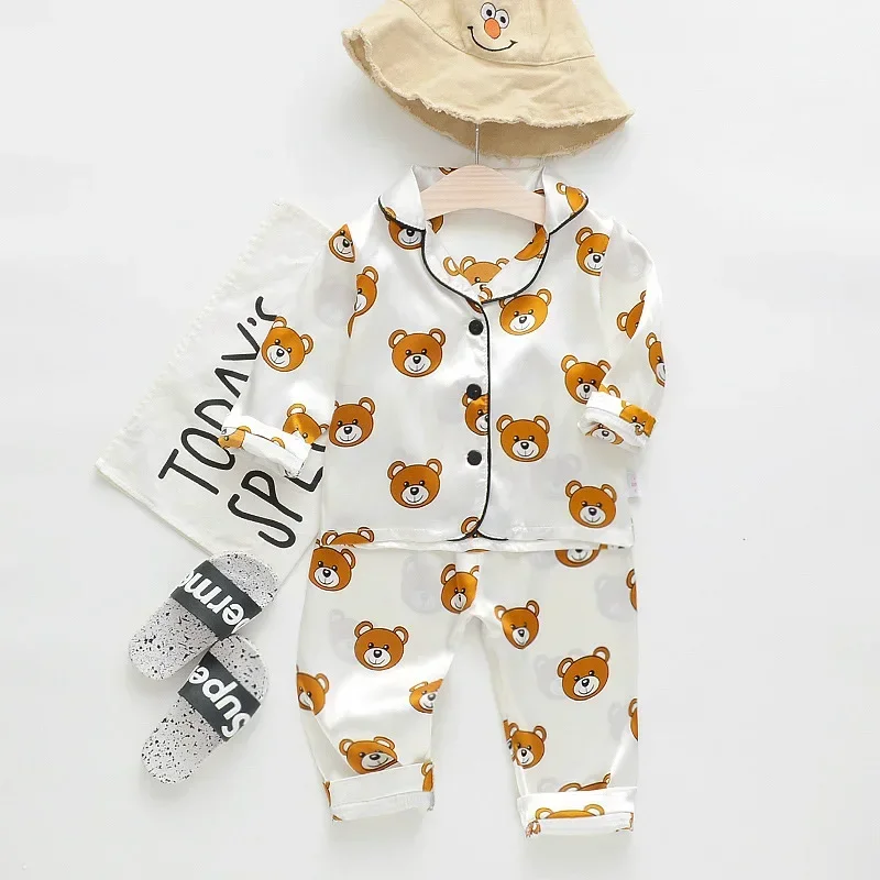 2pcs Boys Lounge Wear Button Down Long Sleeve Top & Elastic Waist Long Pants Bear Cartoon Pajamas