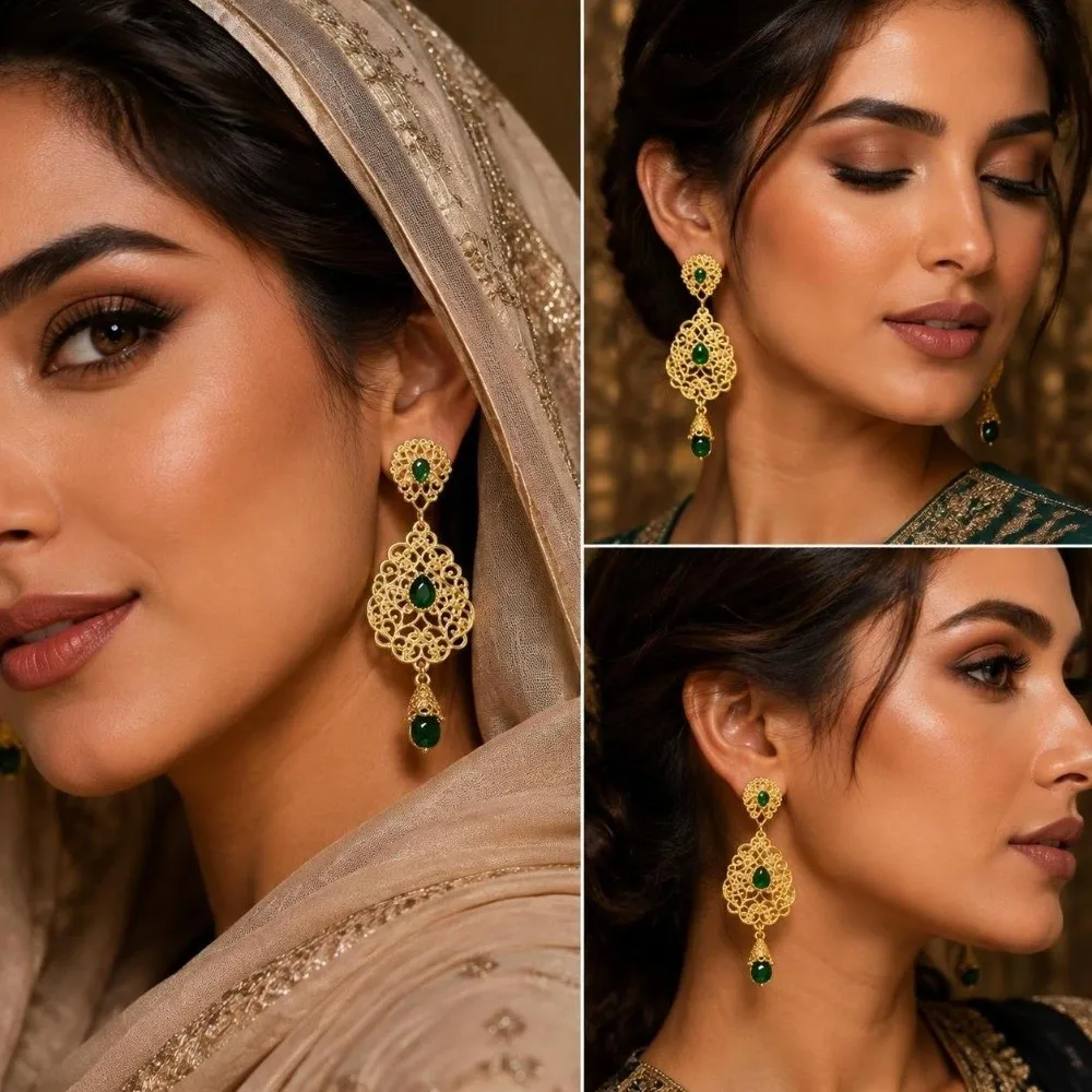1 Pair Hollow Design Arabic Earrings Crystal Pendant Traditional Style Moroccan Earrings Water Droplet Shape Crystal Earrings