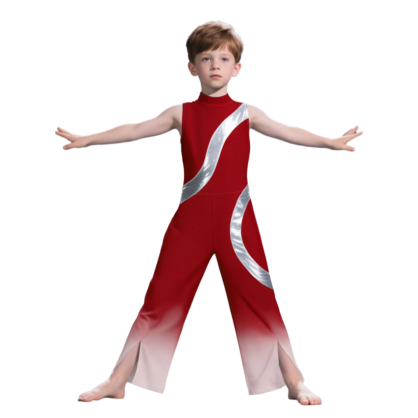 

Teens Gymnastics Jumpsuits Kids Figure Ice Skating Dance Jumpsuit for Boys Sleeveless Split Gradient Ballet Gymnastics Bodysuit