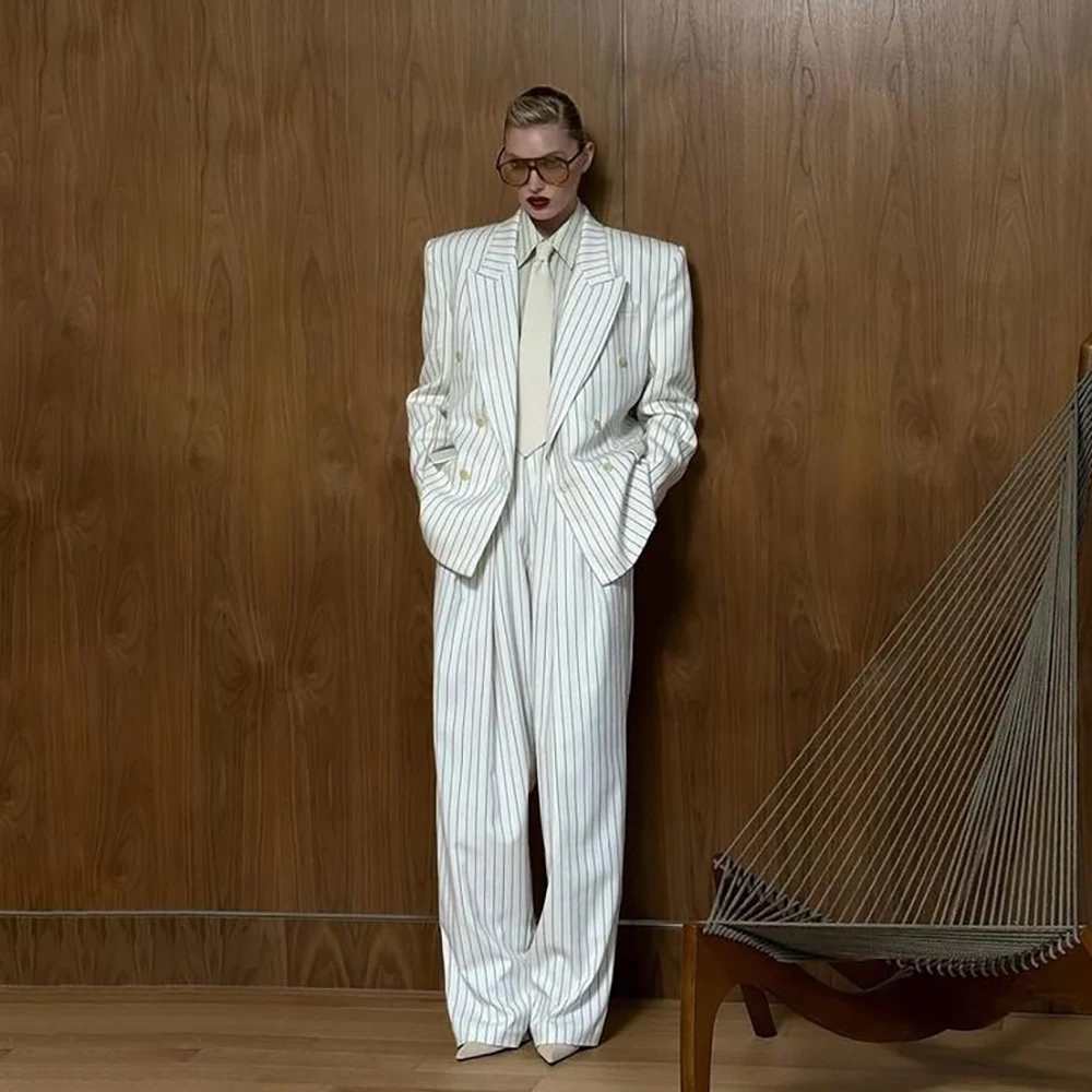 

Осенняя новая женская одежда, полосатый двубортный пиджак с остроконечными лацканами, комплекты брюк, элегантная офисная профессиональная верхняя одежда из 2 предметов