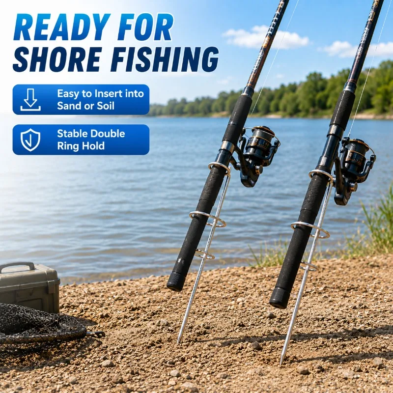 Double Ring Fishing Rod Holder Ground Spike, Heavy Duty Metal Bank Fishing Rod Stand for Shore Surf Sea Fishing Outdoor Angling view 5